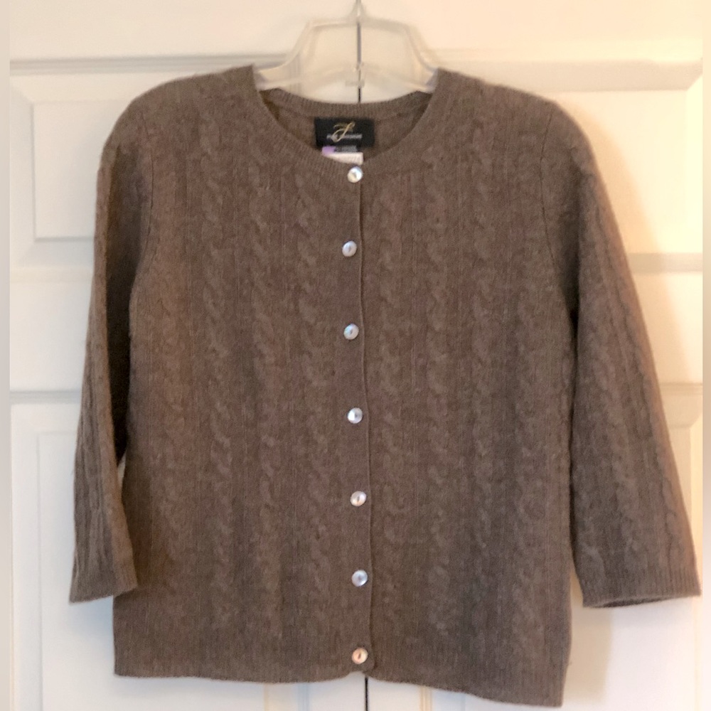 L Pure Cashmere. Cocoa coloured, cable knit, 3/4 sleeve, cardigan. Size M. $40